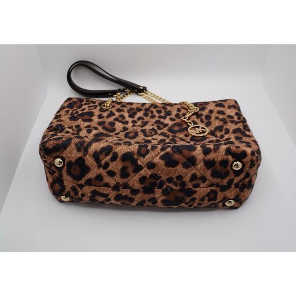 Michael Kors Brown Leopard Print Satin Leather Tote Quilted Academia Chic 36-12 - Picture 9 of 16